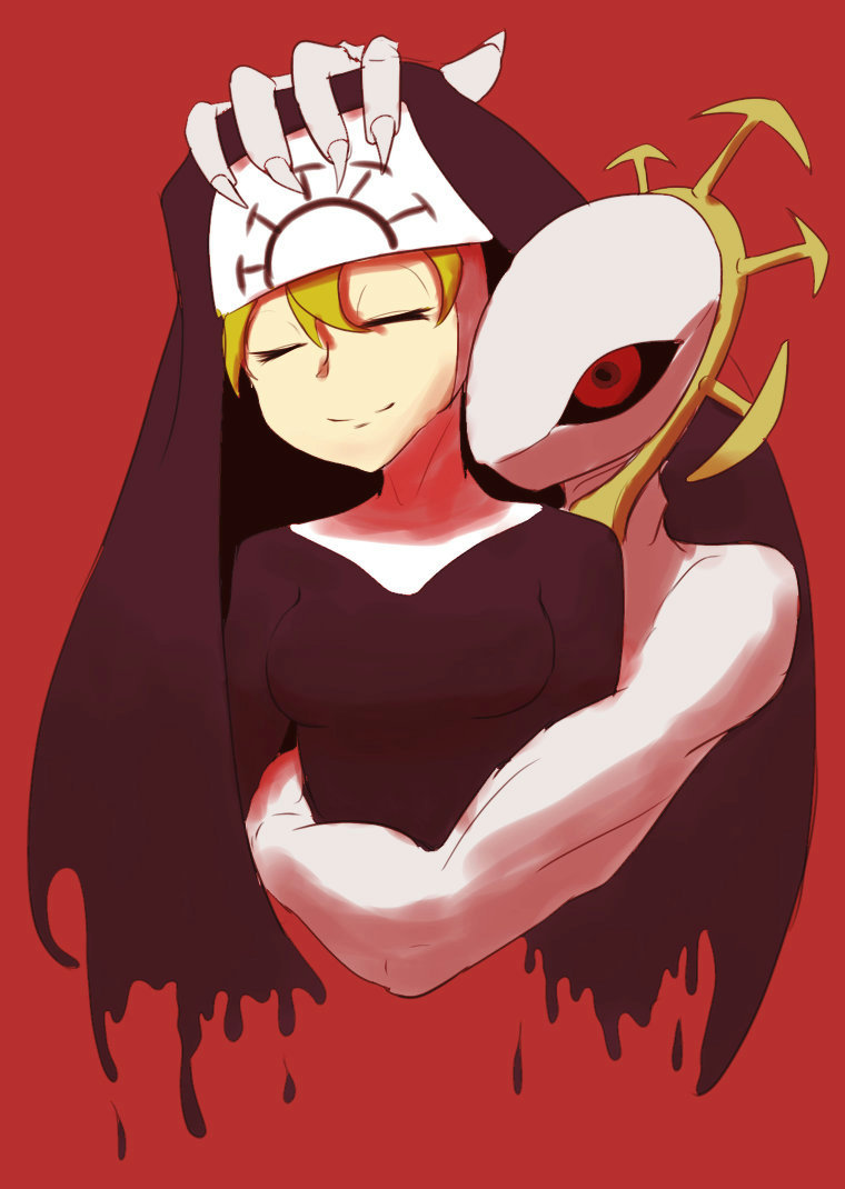1girl, blonde_hair, double_(skullgirls), female, kurokuro_(pmnovel), monster, nun, red_background