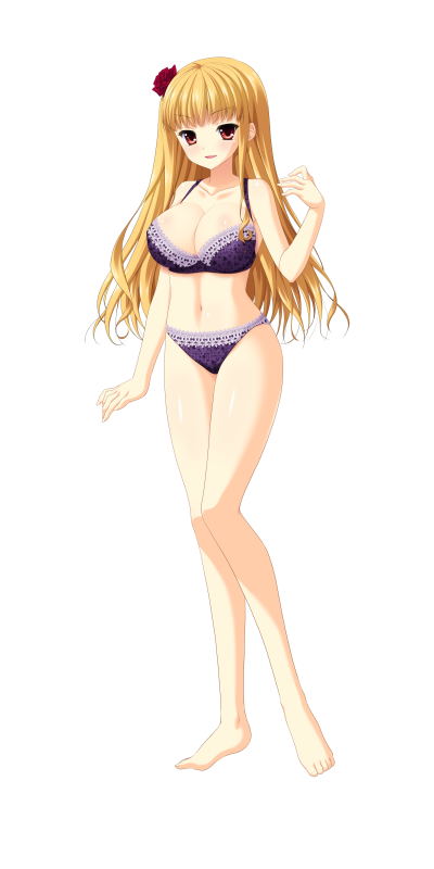 1girl, barefoot, blonde_hair, blush, bra, breasts, cleavage, enjouji_luise, feet, female, full_body, game_cg, kishi&times;kano, large_breasts, legs, long_hair, looking_at_viewer, minatsuki_alumi, navel, panties, purple_bra, purple_panties, red_eyes, simple_background, smile, solo, standing, thighs, toes, underwear, white_background