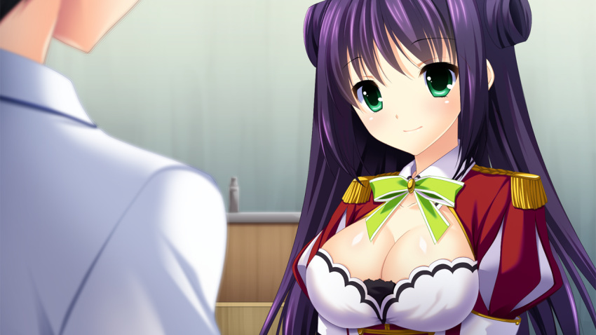 1girl, blush, bow, bowtie, breasts, cleavage, collarbone, double_bun