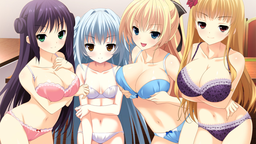 4girls, anastasia_kastalsky, blonde_hair, blue_bra, blue_eyes, blue_hair, blue_panties, blush