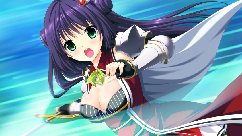 1girl, blush, breasts, cape, cleavage, double_bun, female, fighting_stance