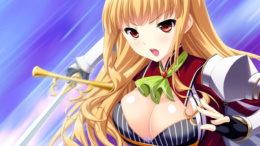 1girl, blonde_hair, blush, breasts, cleavage, enjouji_luise, female, fighting_stance