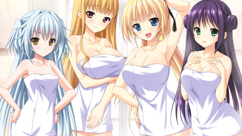 4girls, anastasia_kastalsky, armpits, bare_shoulders, blonde_hair, blue_eyes, blue_hair, blush