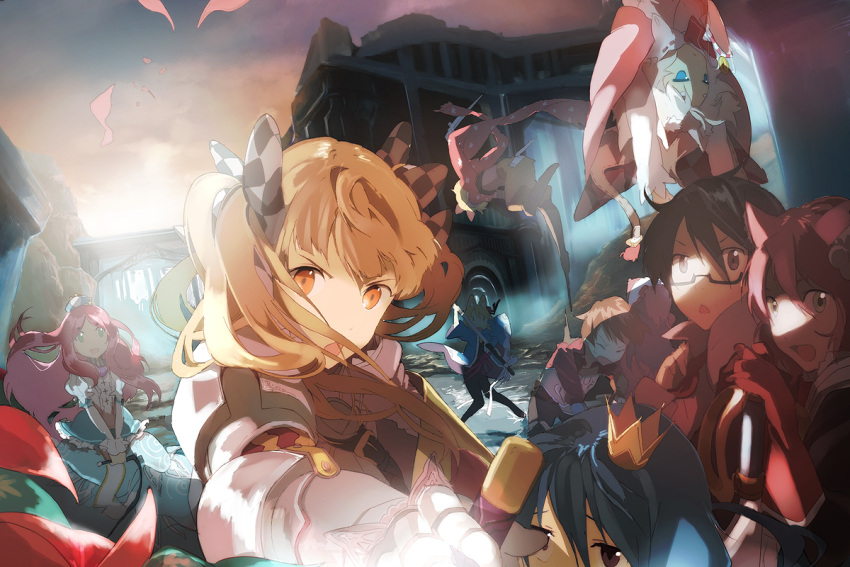 animal_ears, bad_id, blonde_hair, everyone, fighter_(7th_dragon), knight_(7th_dragon), mage_(7th_dragon), princess_(7th_dragon), rogue_(7th_dragon), samurai_(7th_dragon), sword, tanu, the_seventh_dragon, twintails, weapon, yellow_eyes