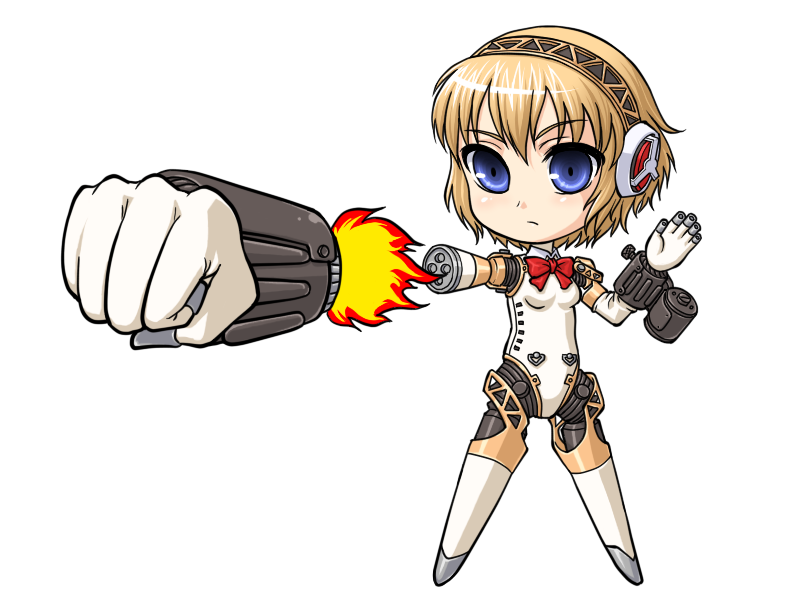 aegis, android, blonde_hair, blue_eyes, chibi, masa_yuki, persona, persona_3, punch, punching, rocket_punch, short_hair