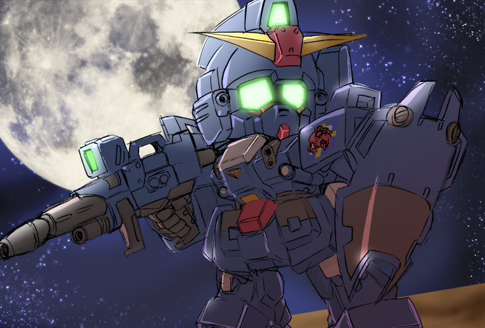 aiba_kyobo, blue_destiny_02, chibi, green_eyes, gun, gundam, gundam_side_story:_the_blue_destiny, mecha