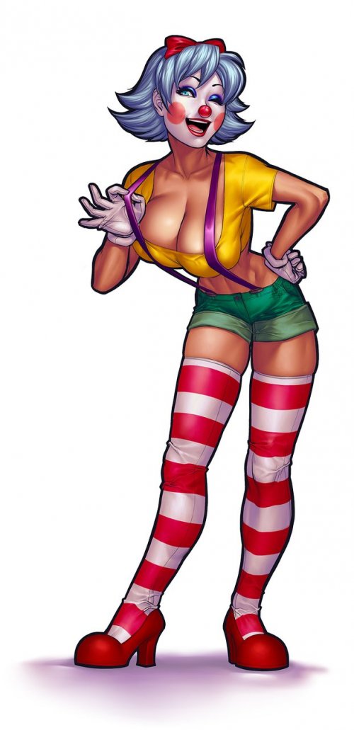 1girl, breasts, cleavage, clown, female, giggles_(aeolus06), gloves, high_heels
