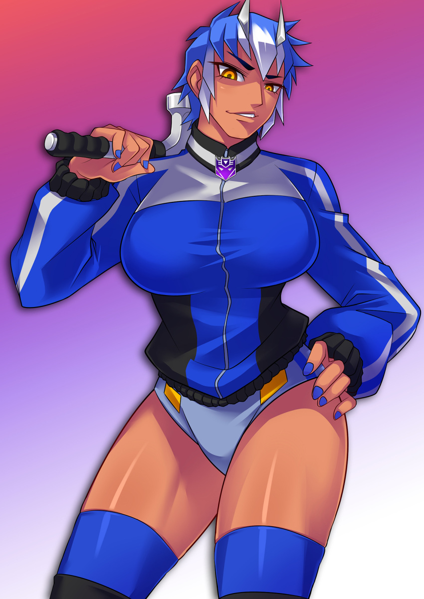 1girl, blue_hair, breakdown_(transformers), breasts, dark_skin, decepticon, female, genderswap, hammer, personification, ryuusei_(mark_ii), shorts, solo, thigh-highs, transformers, transformers_prime, yellow_eyes