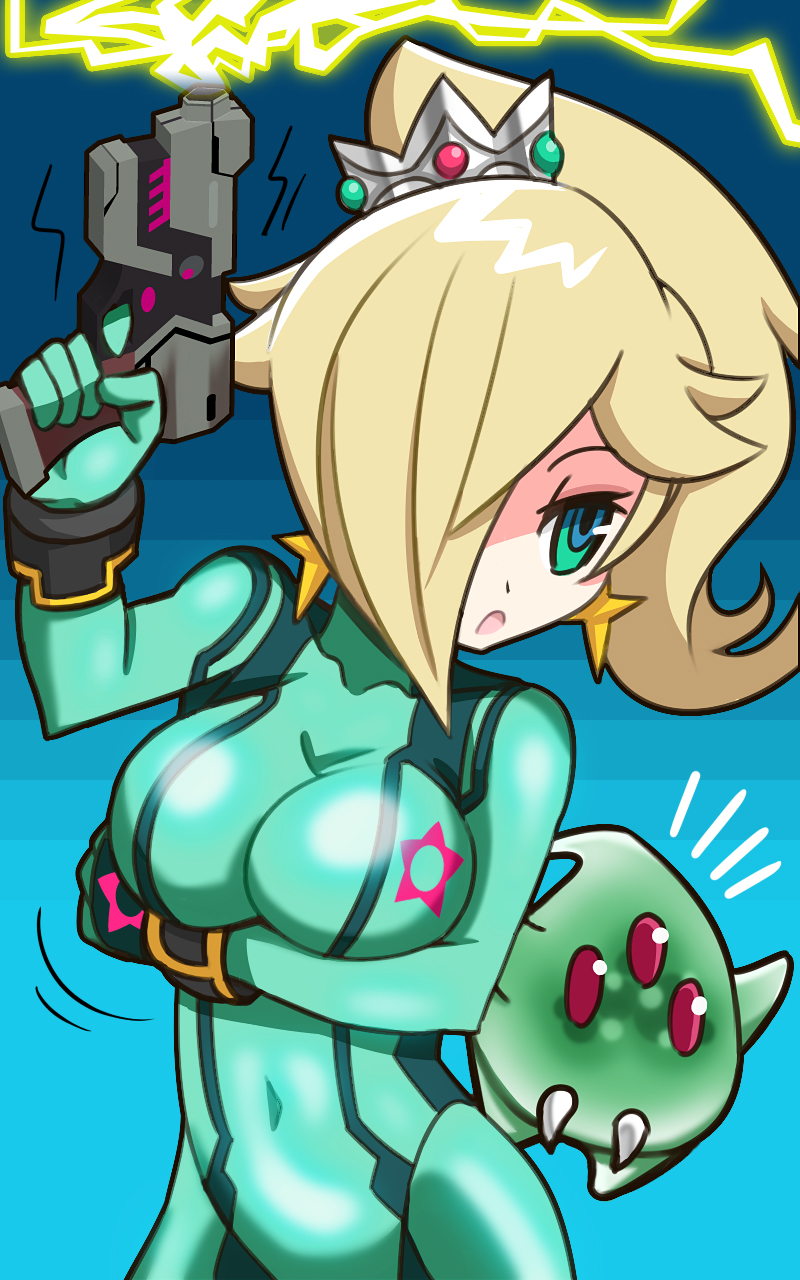 1girl, blonde_hair, blue_eyes, bodysuit, breast_hold, breasts, chiko_(mario), cosplay, crown, earrings, female, gloves, gun, hair_over_one_eye, handgun, highres, jewelry, large_breasts, long_hair, ma2acworks, super_mario_bros., metroid, metroid_(creature), metroid_(creature)_(cosplay), nintendo, open_mouth, pistol, ponytail, red_eyes, rosetta_(mario), samus_aran, samus_aran_(cosplay), skin_tight, solo, star, star_earrings, super_mario_bros., super_mario_galaxy, super_smash_bros., weapon, zero_suit