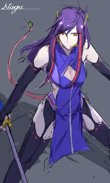 1girl, black_legwear, breasts, character_name, cleavage, cross_ange, dragon_tail, elbow_gloves, from_above, gloves, kano_penguin, long_hair, monster_girl, naaga_(cross_ange), orange_eyes, purple_hair, sketch, solo, standing, tail, thigh-highs, weapon