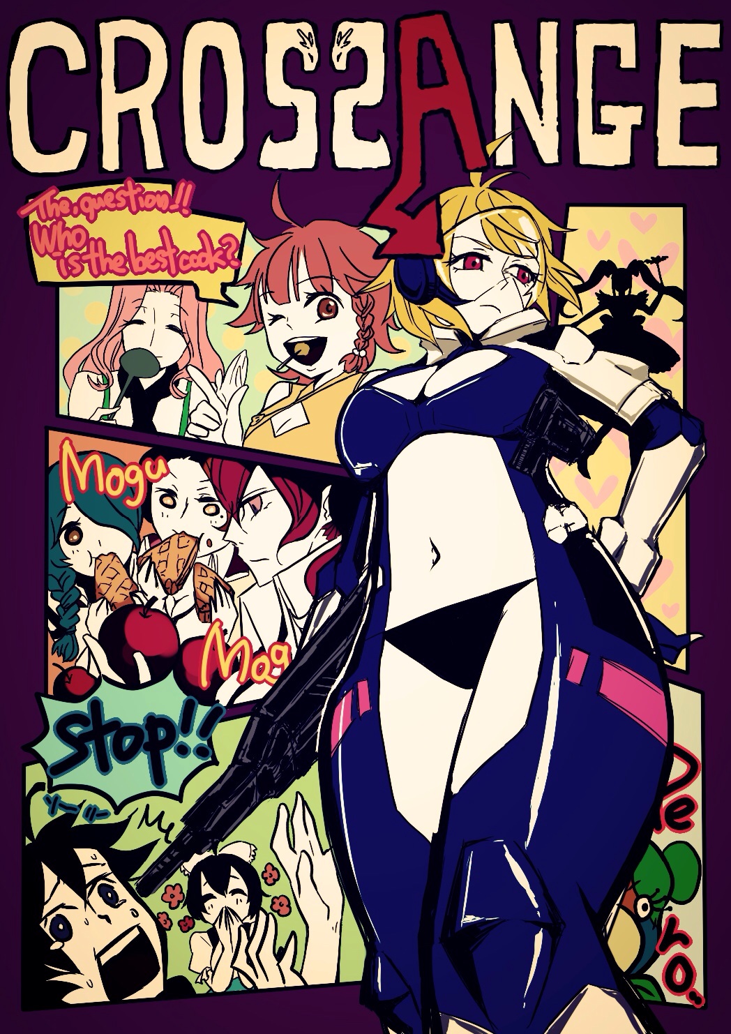 1boy, 6+girls, angelise_ikaruga_misurugi, apple, black_hair, black_panties, blonde_hair, bodysuit