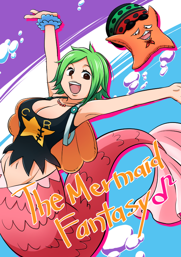 1girl, :d, armpits, arms_up, breasts, camie, cleavage, green_hair, hat, jewelry, kuma_(02070302), looking_at_viewer, mermaid, monster_girl, navel, necklace, one_piece, open_mouth, pappug, smile, starfish, sunglasses, sunglasses_on_head