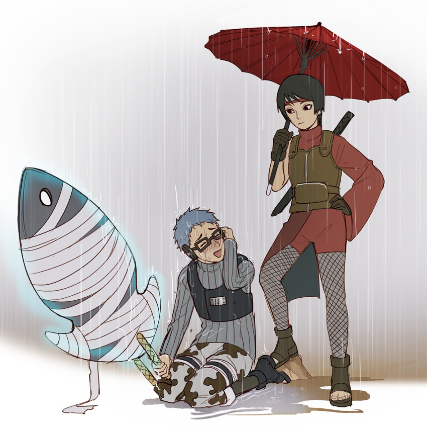 1boy, 1girl, black_eyes, black_hair, blue_hair, blush, chojuro_(naruto), fishnets, forehead_protector, glasses, gloves, glowing, hand_on_hip, headband, hiramekarei, kneeling, kurotsuchi_(naruto), naruto, naruto_shippuuden, noeunjung93, rain, sharp_teeth, short_hair, standing, sword, teeth, umbrella, wet