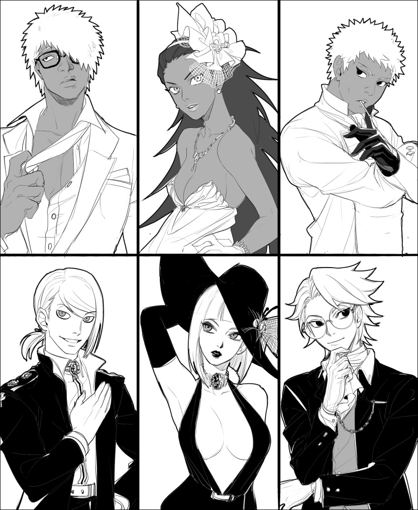 2girls, 4boys, atsui, breasts, c_(naruto), choker, cleavage, darui, dress, earrings, formal, glasses, gloves, hair_ornament, hair_over_one_eye, hat, highres, jewelry, karui, lipstick, looking_at_viewer, makeup, monochrome, multiple_boys, multiple_girls, naruto, naruto_shippuuden, necklace, noeunjung93, omoi_(naruto), samui, suit
