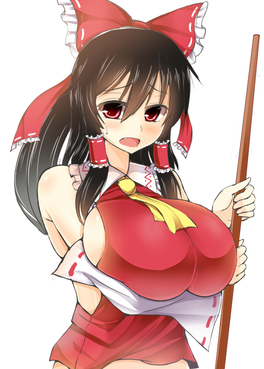 1girl, bare_shoulders, blush, breasts, broom, brown_hair, detached_sleeves, facominn