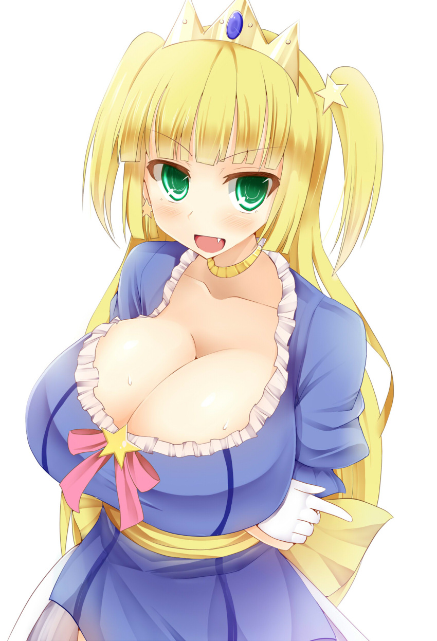1girl, blonde_hair, blush, bracelet, breasts, cleavage, collarbone, crown
