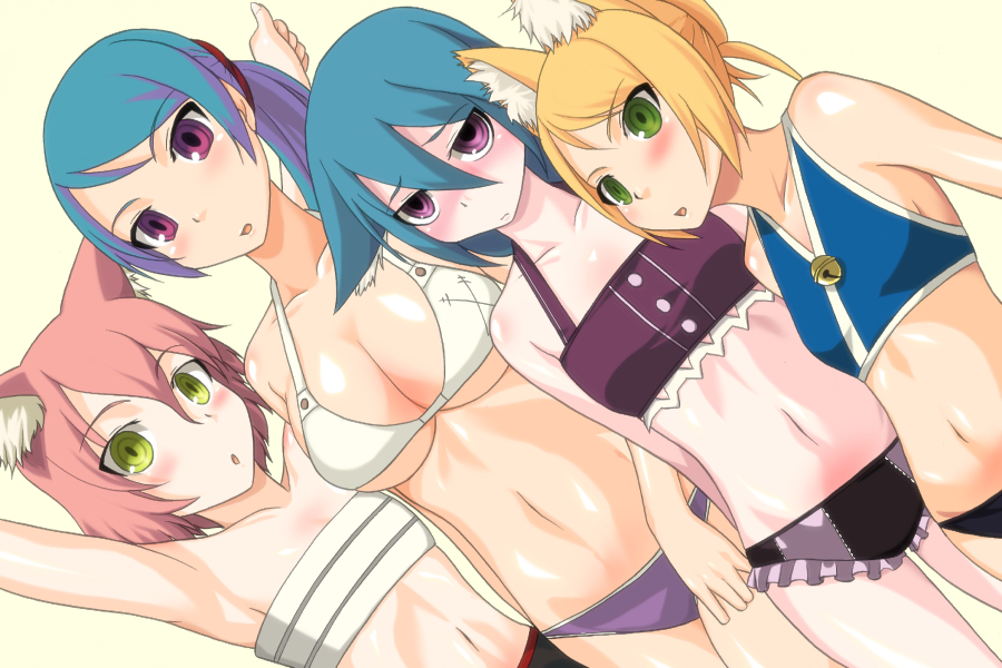 7th_dragon, animal_ears, armpits, arms_up, bikini, blonde_hair, blush, cat_ears