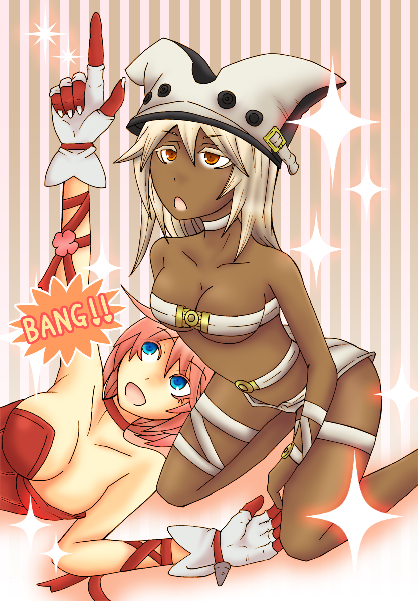 2girls, ahoge, arc_system_works, ayu_minori, bare_shoulders, beltbra, blue_eyes, breasts