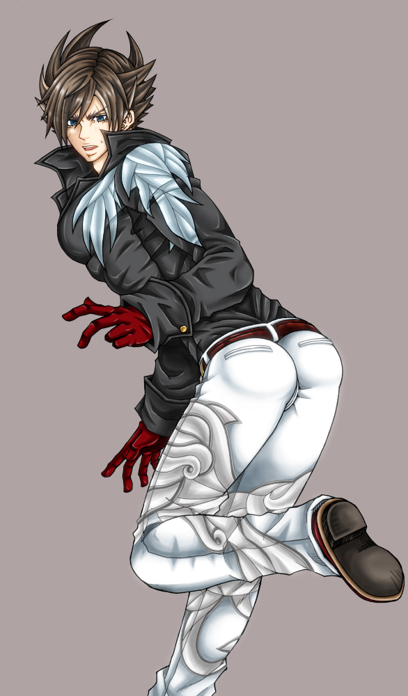 1boy, ass, bent_over, blonde_hair, blue_eyes, emise, lars_alexandersson, male_focus, pants, scar, simple_background, solo, tekken, tekken_6