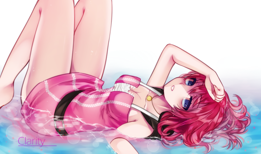1girl, arm_up, bare_shoulders, barefoot, blue_eyes, breasts, cleavage, jewelry