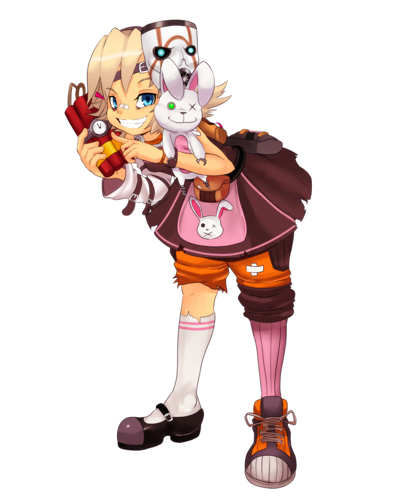 1girl, bandage, bandaid, bandaid_on_nose, blonde_hair, blue_eyes, bomb, borderlands_2