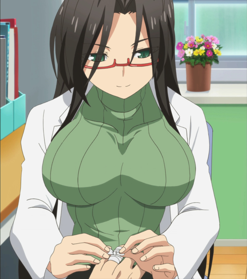 1girl, black_hair, breasts, glasses, green_eyes, hasegawa_chisato, highres, huge_breasts