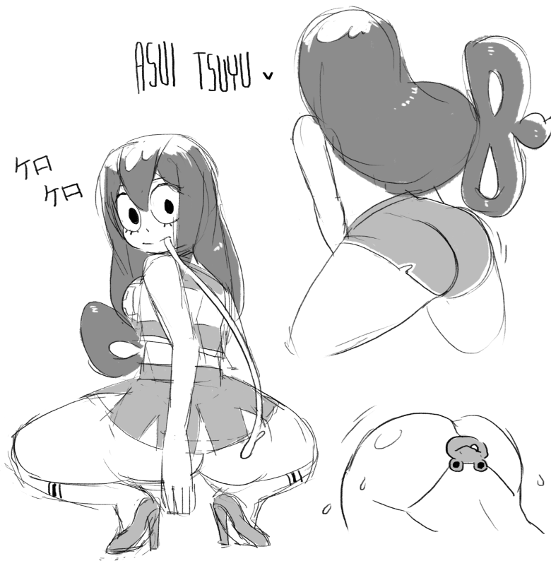1girl, ass, ass_shake, asui_tsuyu, boku_no_hero_academia, cheerleader, frog_girl, from_behind, g-string, gats_(nougats), high_heels, long_hair, long_tongue, low-tied_long_hair, miniskirt, panties, skirt, solo, squatting, thick_thighs, thighs, thong, tied_hair, tongue, tongue_out, underwear, very_long_tongue