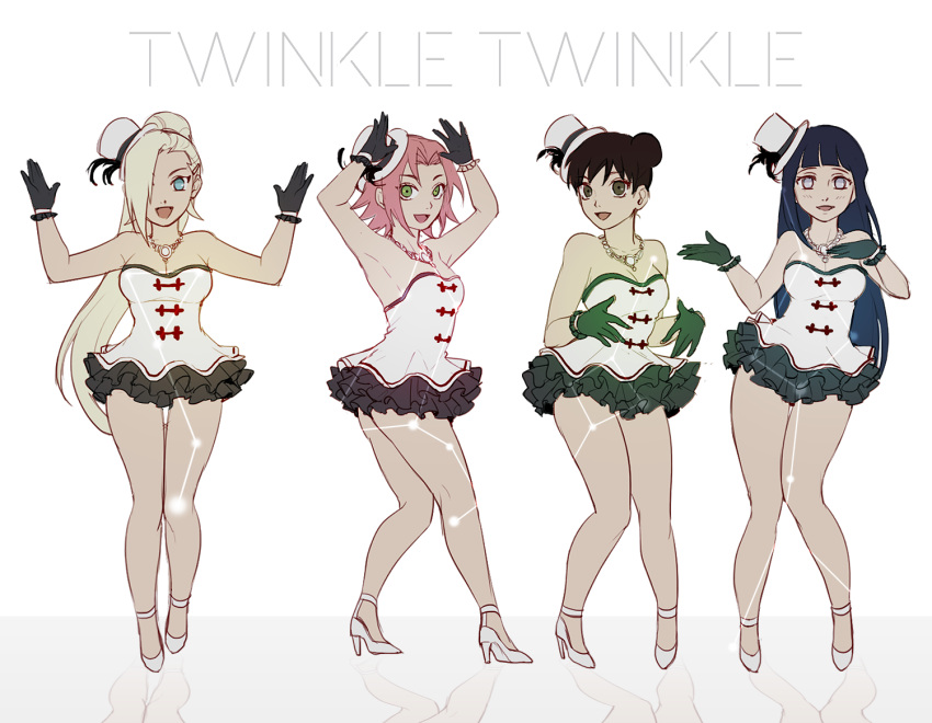 4girls, armpits, arms_up, black_gloves, black_hair, blonde_hair, breasts, cleavage