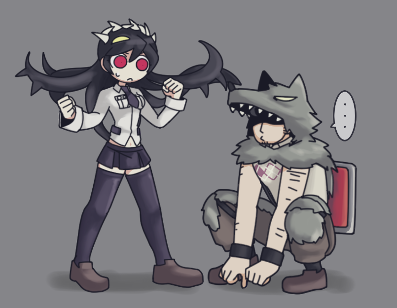 1girl, animal_fur, arm_hair, beowulf_(skullgirls), black_hair, black_legwear, filia_(skullgirls), long_hair, miniskirt, navel, parasite, pelt, prehensile_hair, red_eyes, samson_(skullgirls), school_uniform, skirt, skullgirls, teeth, thigh-highs, yellow_eyes