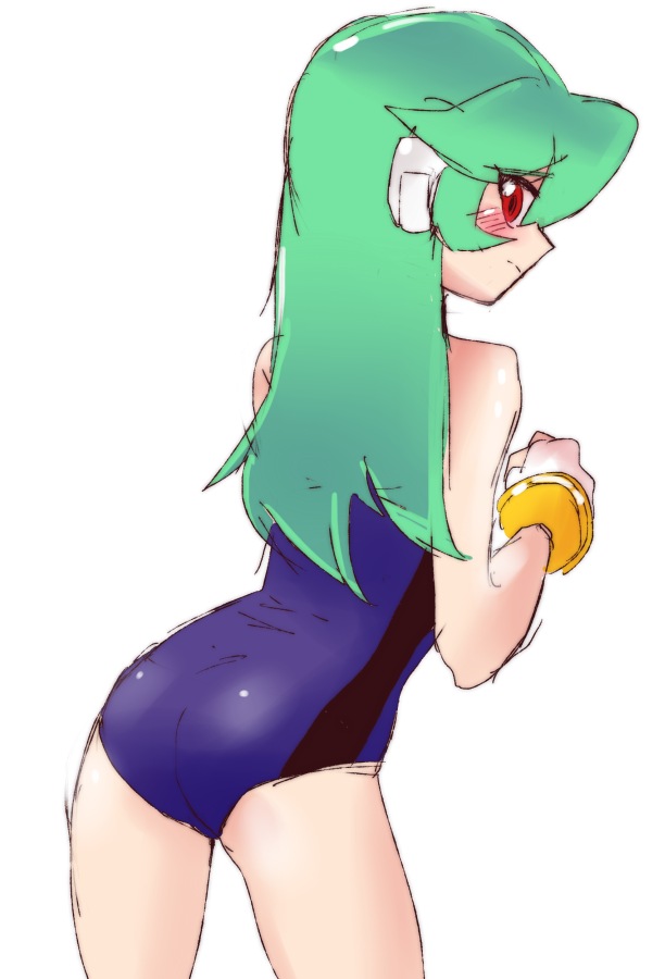 1girl, blush, from_behind, green_hair, legs, long_hair, looking_back, pandora_(rockman)