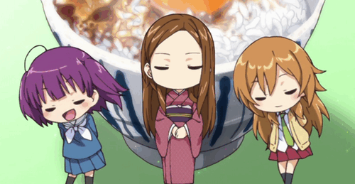 3girls, ahoge, animated, animated_gif, blush, brown_hair, dancing, egg_yolk