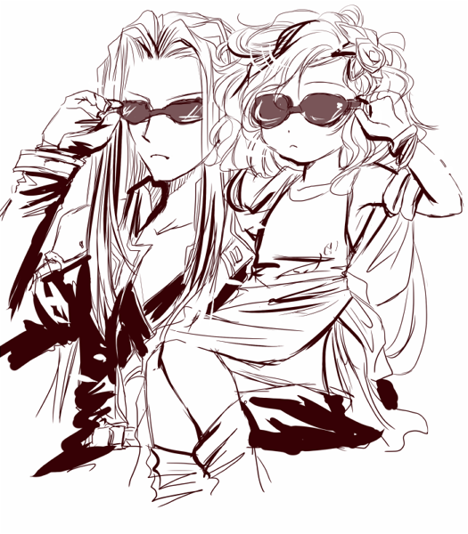 1boy, carrying, final_fantasy, final_fantasy_iv, final_fantasy_vii, krst00, long_hair, monochrome, rydia, sephiroth, sunglasses, very_long_hair
