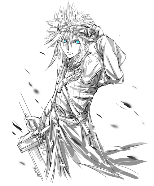 1boy, blue_eyes, cloud_strife, final_fantasy, final_fantasy_vii, final_fantasy_vii_advent_children, frown, gloves, goggles, goggles_on_head, krst00, looking_at_viewer, male_focus, monochrome, signature, solo, spot_color, sword, weapon