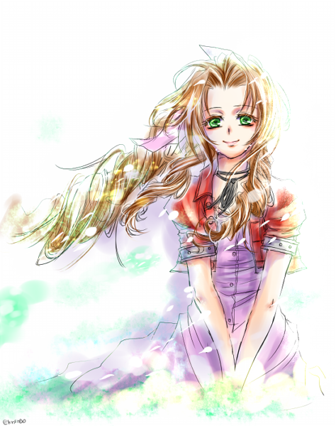 1girl, aerith_gainsborough, brown_hair, drill_hair, final_fantasy, final_fantasy_vii, green_eyes, hair_ribbon