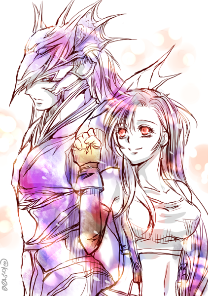 1boy, 1girl, armor, black_hair, cain_highwind, dissidia_final_fantasy, earrings, elbow_gloves