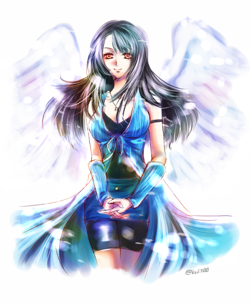 1girl, bike_shorts, black_hair, breasts, brown_eyes, cleavage, female, final_fantasy, final_fantasy_viii, jewelry, krst00, large_breasts, long_hair, looking_at_viewer, necklace, rinoa_heartilly, shorts, signature, smile, solo, wings