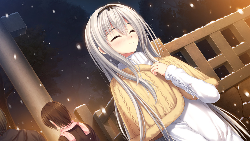 1girl, akibe_eru, blush, brown_hair, coat, dutch_angle, game_cg, hairband
