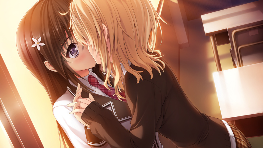 2girls, arishima_mayu, black_hair, blonde_hair, breasts, chair, classroom, desk, evening, game_cg, hand_holding, kiss, long_hair, multiple_girls, norita, osanai_miyu, school_uniform, semiramis_no_tenbin, short_hair, skirt, standing, violet_eyes, window, yuri