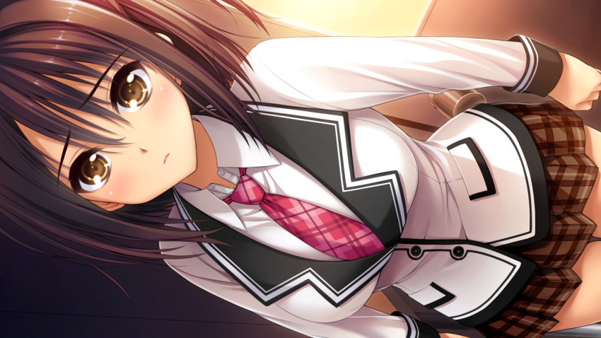 1girl, black_hair, blush, breasts, door, female, game_cg, large_breasts, legs, looking_at_viewer, necktie, norita, school_uniform, semiramis_no_tenbin, short_hair, side_ponytail, skirt, solo, standing, staring, takahashi_sunao, thighs, yellow_eyes