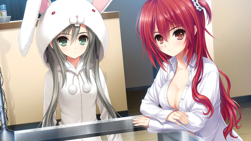 2girls, animal_ears, breasts, cleavage, fake_animal_ears, game_cg, green_eyes, grey_hair