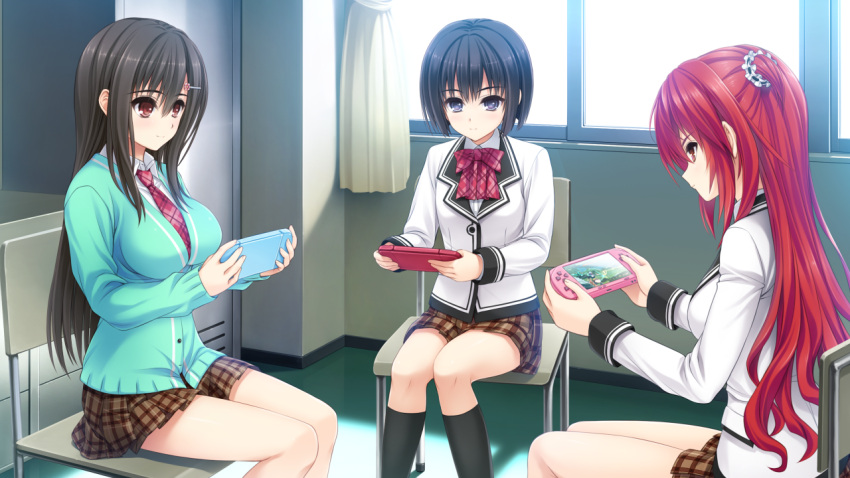 3girls, black_hair, blue_eyes, breasts, chair, game_cg, handheld_game_console, hirose_mizuki