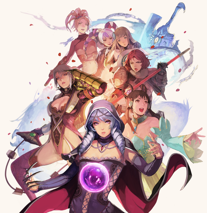 6+girls, :d, armor, blonde_hair, bodysuit, breasts, brown_eyes, brown_hair