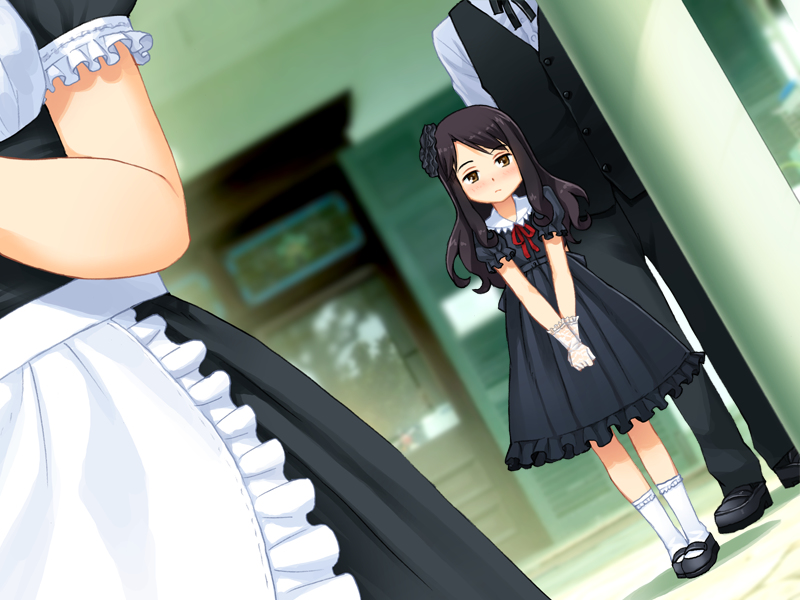 1boy, 2girls, black_dress, black_hair, blush, brown_eyes, dress, dutch_angle