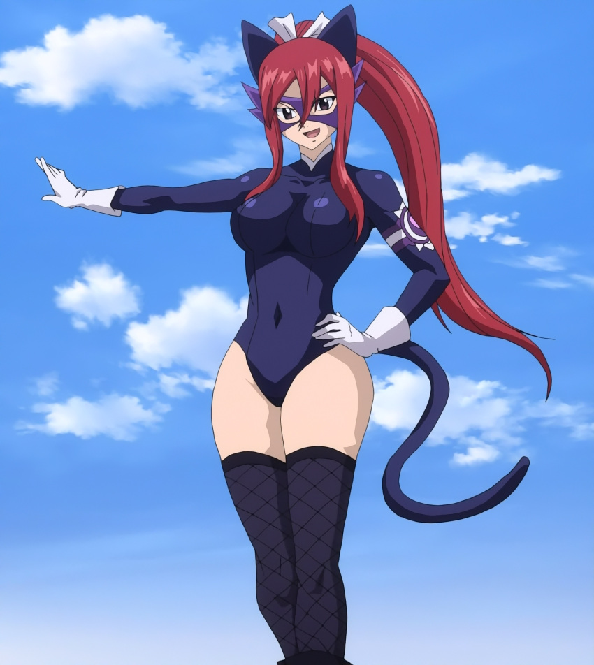 1girl, breasts, brown_eyes, clothed_navel, erza_scarlet, fairy_tail, fairy_woman, fishnets