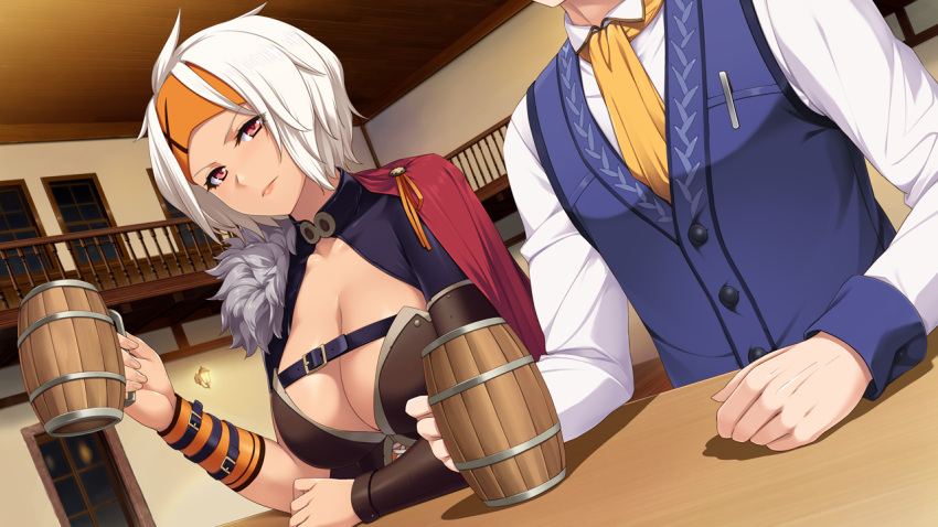 1girl, akuma_musume_no_kanban_ryouri, benimura_karu, breasts, cape, cleavage, cup, game_cg, headband, kii_(akuma_musume), large_breasts, looking_at_viewer, night, red_eyes, restaurant, serious, short_hair, sitting, table, white_hair, window