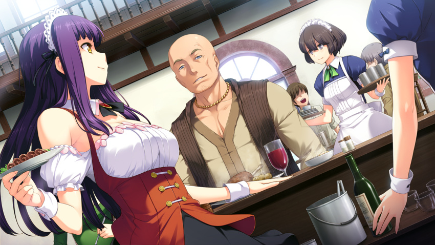 3boys, 3girls, akuma_musume_no_kanban_ryouri, arute_(akuma_musume), bald, bare_shoulders, benimura_karu, black_hair