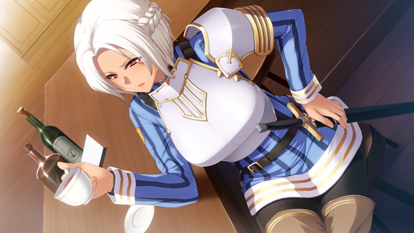 1girl, akuma_musume_no_kanban_ryouri, armor, benimura_karu, bottle, braid, breasts, chair, cup, game_cg, hand_on_hip, kii_(akuma_musume), large_breasts, legs, looking_away, pantyhose, red_eyes, serious, short_hair, sitting, sword, table, thighs, weapon, white_hair