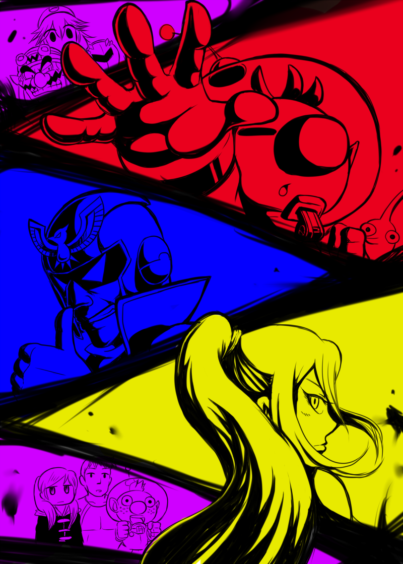 3girls, 5boys, alien, alph_(pikmin), captain_falcon, closed_eyes, f-zero, facial_hair