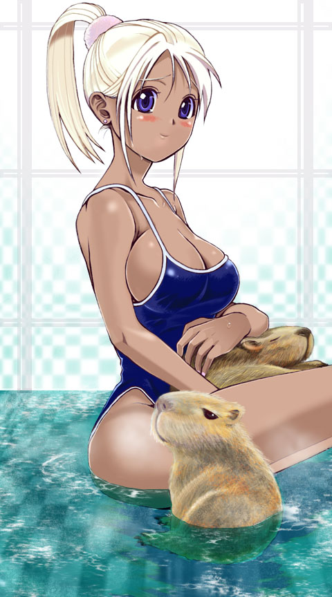 blue_eyes, breasts, capybara, dark_skin, large_breasts, long_hair, okinori, one-piece, one-piece_swimsuit, original, ponytail, swimsuit, twintails