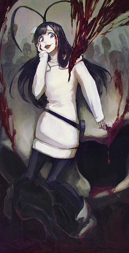1boy, androgynous, black_hair, black_legwear, bleach, blood, blue_eyes, boots, giselle_gewelle, hat, injury, long_hair, looking_at_viewer, military, military_uniform, pantyhose, peaked_cap, quincy_(bleach), solo, total, trap, uniform, zombie